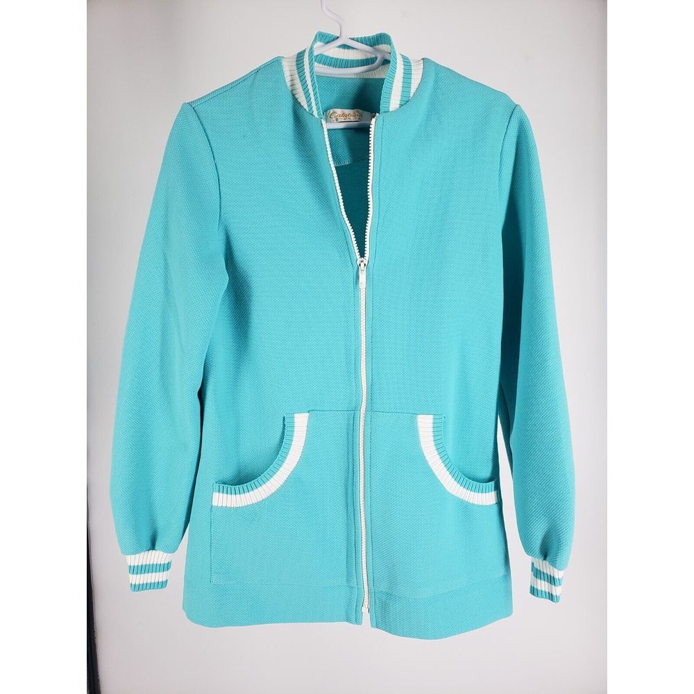 Vintage‎ Varsity by Catalina Blue Teal Retro Track Jacket Cardigan Size 7/8